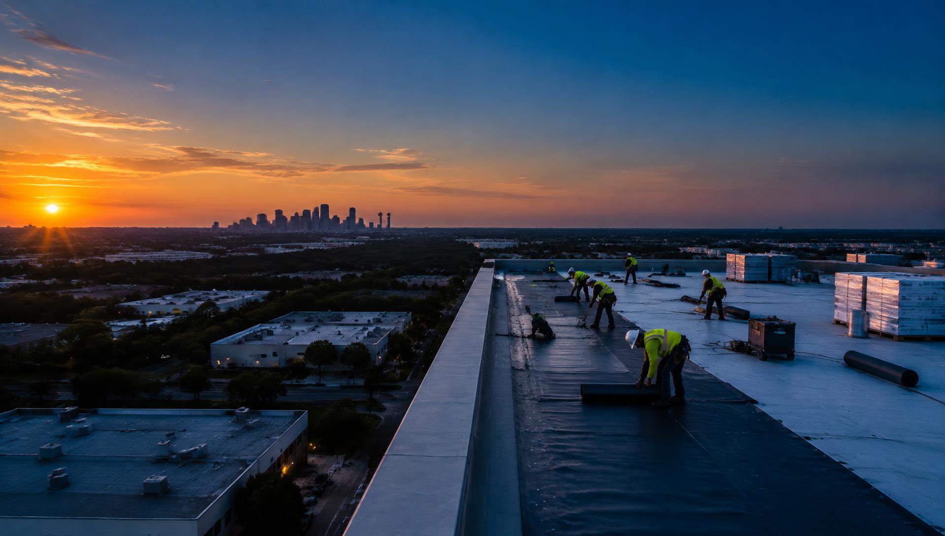 Roofing crew installing a commercial roof at sunset with the Dallas skyline behind